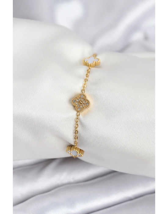 316L Çelik Gold Renk Beyaz ve Zirkon Taşlı Baby Boy Yonca Kadın Bileklik