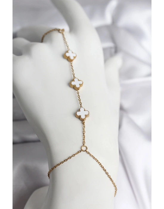 316L Çelik Gold Renk Beyaz Yonca Model Kadın Şahmeran