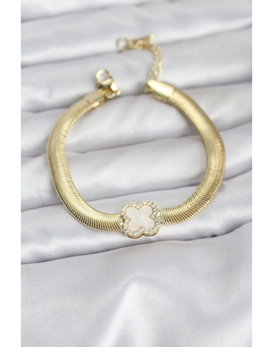 316L Çelik Gold Renk Beyaz Yonca Model Zirkon Taşlı Yılan Zincirli Kadın Bileklik