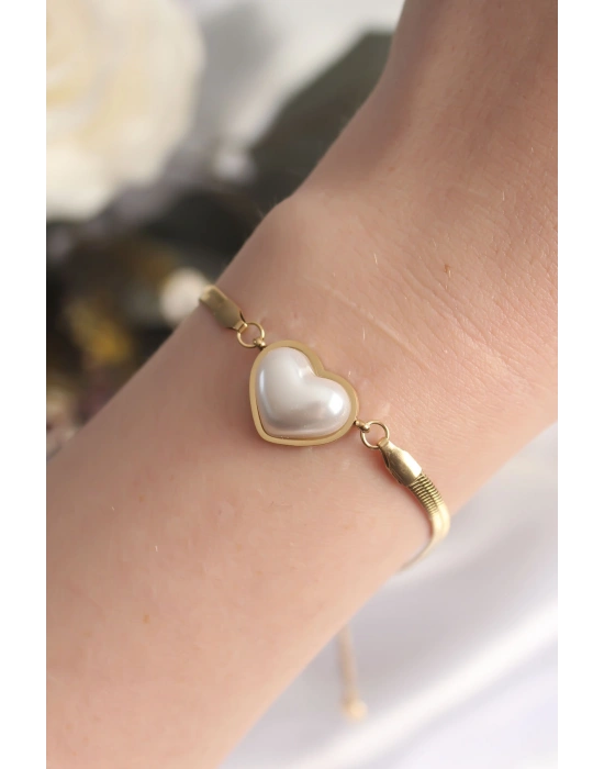 316L Çelik Gold Renk Bombeli Kalp Kadın Bileklik