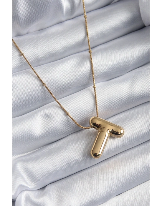 316L Çelik Gold Renk Bubble T Harf Model Kadın Kolye