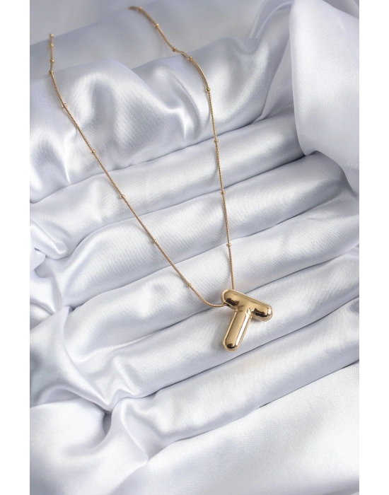 316L Çelik Gold Renk Bubble T Harf Model Kadın Kolye