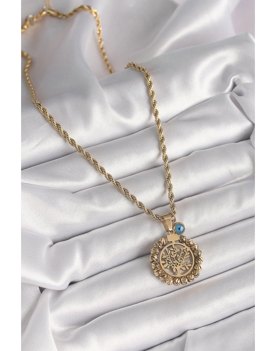316L Çelik Gold Renk Burgu Zincir Dorika Yaşam Ağacı Figür Nazar Boncuk Detay Kadın Kolye