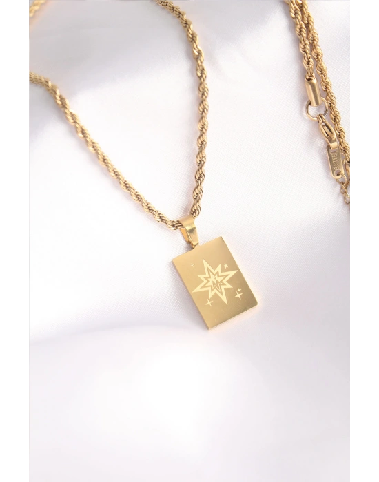 316L Çelik Gold Renk Burgu Zincir Kutup Yıldızı İşleme Plaka Figür Kadın Kolye