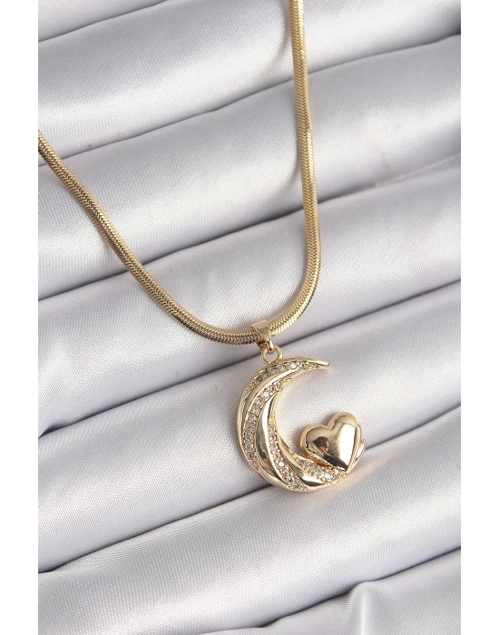 316L Çelik Gold Renk Çelik İtalyan Zincir Zirkon Taşlı Halil Figür Kalp Detay Kadın Kolye