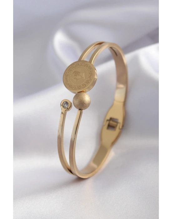 316L Çelik Gold Renk Çeyrek Altın Zirkon Taş Detay Kadın Kelepçe