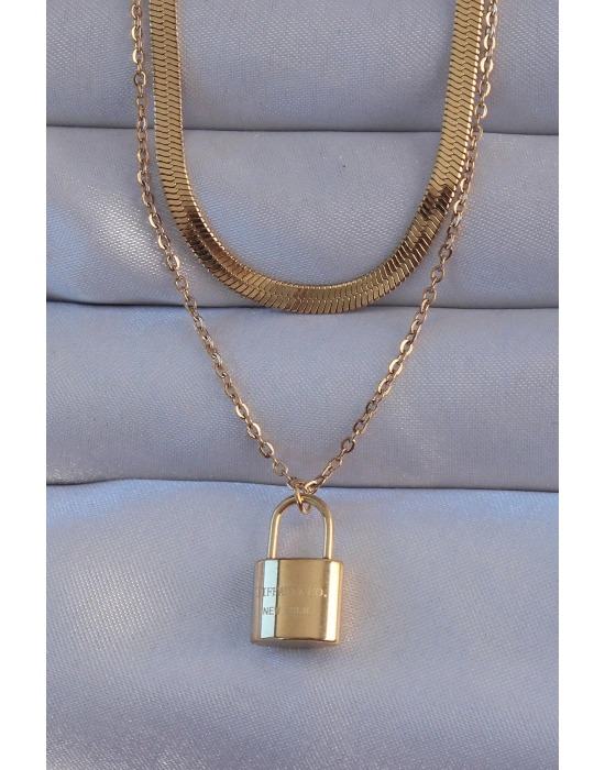 316L Çelik Gold Renk Çift Zincir Kilit Model Kolye