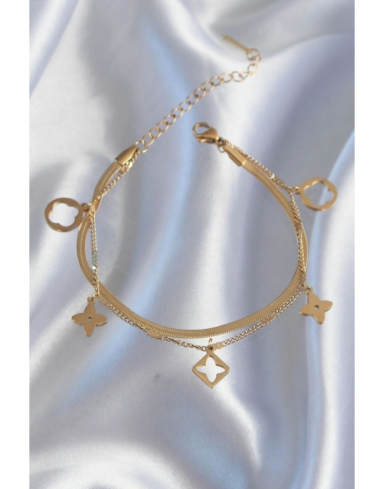 316L Çelik Gold Renk Çift Zincir Yonca Tasarım Bileklik