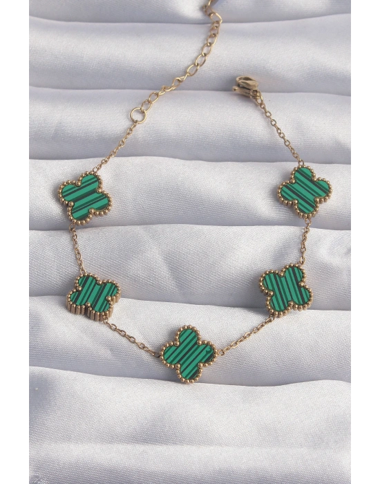 316L Çelik Gold Renk Çizgili Yeşil Mineli Yonca Bileklik