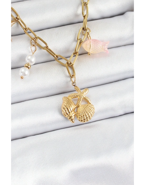 316L Çelik Gold Renk Deniz Yıldızı ve Deniz Kabuğu Konsept Kadın Kolye