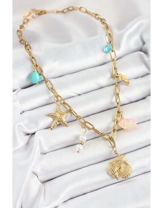 316L Çelik Gold Renk Deniz Yıldızı ve Deniz Kabuğu Konsept Kadın Kolye