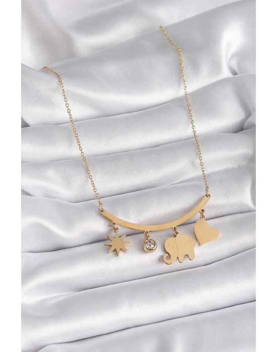 316L Çelik Gold Renk Fil Figür Zirkon Taş Detay Kadın Kolye