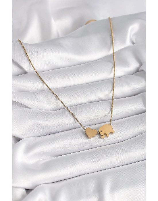 316L Çelik Gold Renk Fil Kalp Figürlü Kadın Kolye