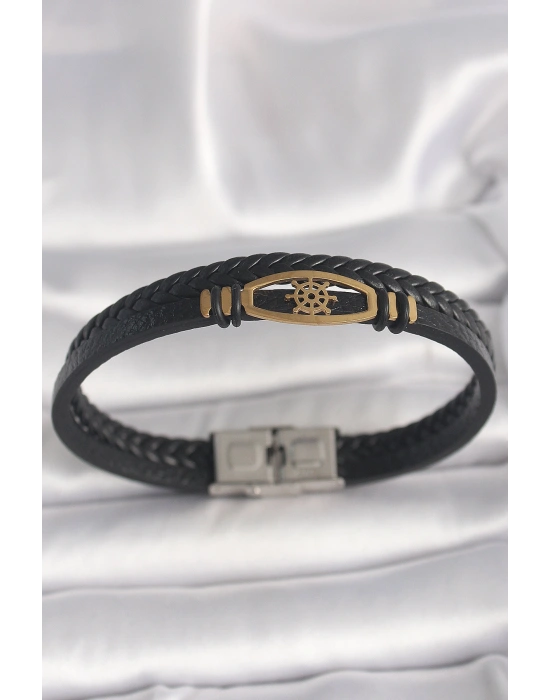 316L Çelik Gold Renk Gemi Dümen Figür Siyah Renk Çift Sıra Burgu Desenli Deri Kordon Erkek Bileklik