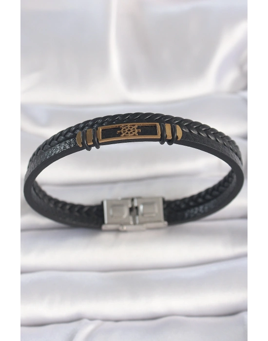 316L Çelik Gold Renk Gemi Dümeni Aksesuarlı Çift Sıra Burgu Desenli Deri Kordon Erkek Bileklik