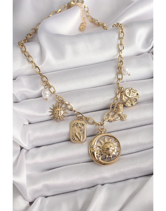 316L Çelik Gold Renk Halka Zincir Sallantı Ay Güneş Figür Kuş Detay Kadın Kolye