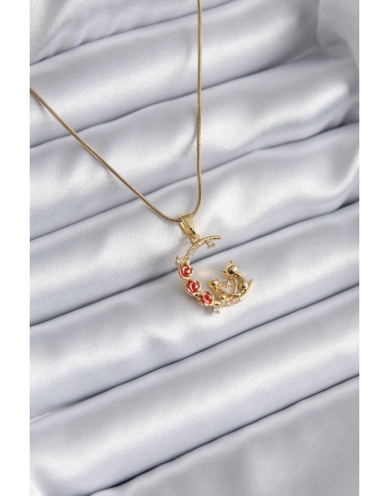 316L Çelik Gold Renk Hilal Kedi Model Zirkon Taşlı Detay Kadın Kolye