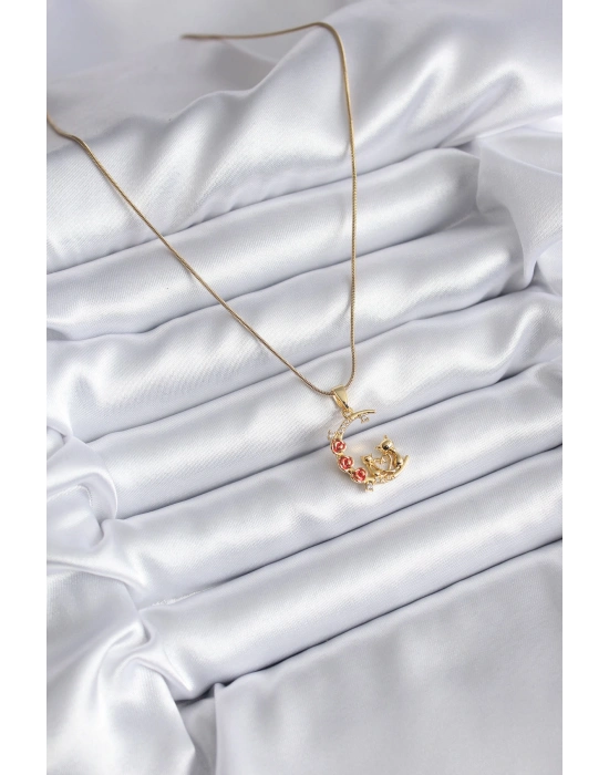 316L Çelik Gold Renk Hilal Kedi Model Zirkon Taşlı Detay Kadın Kolye