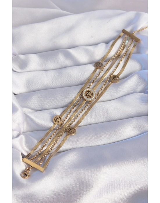 316L Çelik Gold Renk İtalyan Zincir Detaylı Zirkon Taşlı Yaşam Ağacı Tasarımlı Çoklu Bileklik