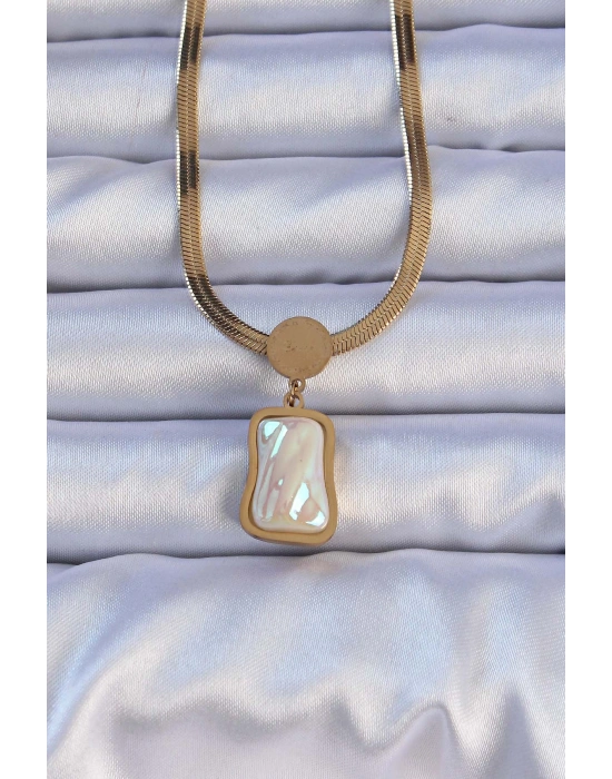 316L Çelik Gold Renk İtalyan Zincir Ezme Taşlı Kolye