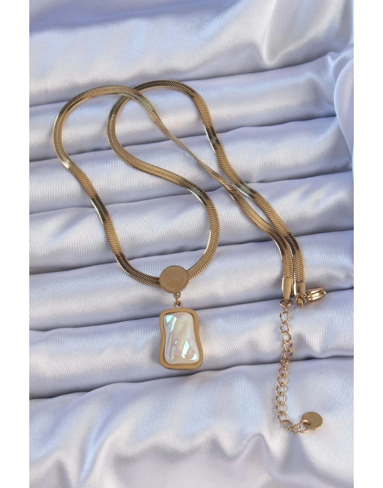 316L Çelik Gold Renk İtalyan Zincir Ezme Taşlı Kolye