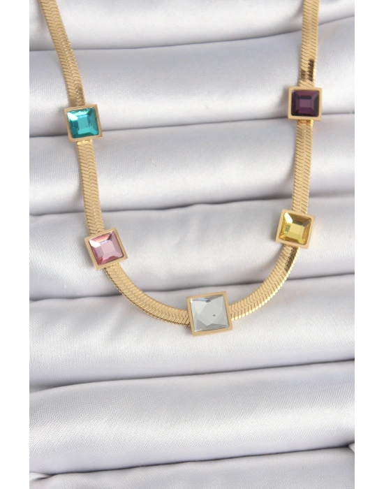 316L Çelik Gold Renk İtalyan Zincir Model Kare Renkli Zirkon Taşlı Kadın Kolye