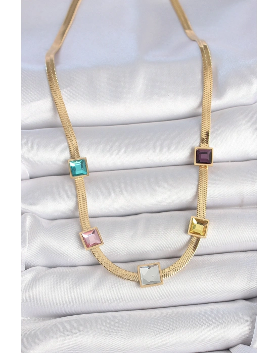 316L Çelik Gold Renk İtalyan Zincir Model Kare Renkli Zirkon Taşlı Kadın Kolye