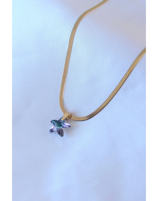 316L Çelik Gold Renk İtalyan Zincir Model Kristal Deniz Yıldız Model Kadın Kolye