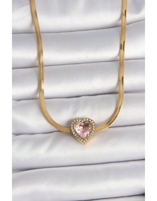 316L Çelik Gold Renk İtalyan Zincir Pembe Zirkon Taşlı Kalp Model Kadın Kolye