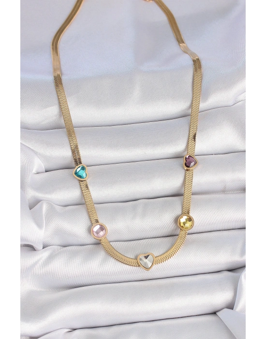 316L Çelik Gold Renk İtalyan Zincir Renkli Zirkon Taşlı Kalp Figür Kadın Kolye