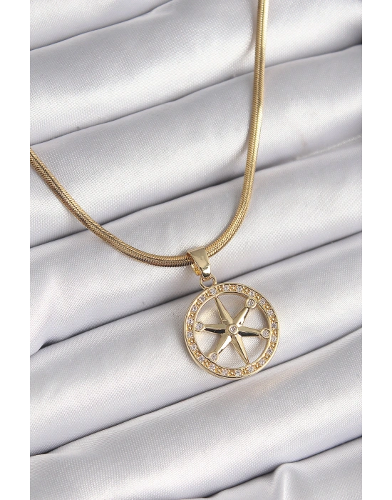 316L Çelik Gold Renk İtalyan Zincir Zirkon Taşlı Kutup Yıldız Model Kadın Kolye