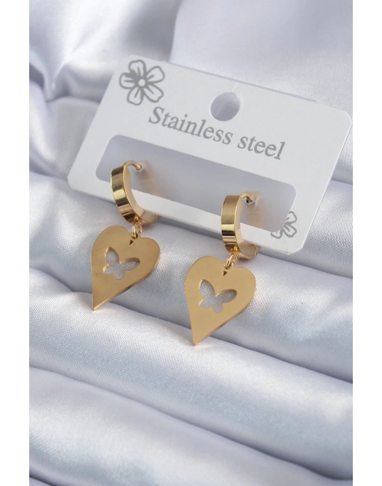 316L Çelik Gold Renk Kalp Model Kelebek İşleme Kadın Küpe