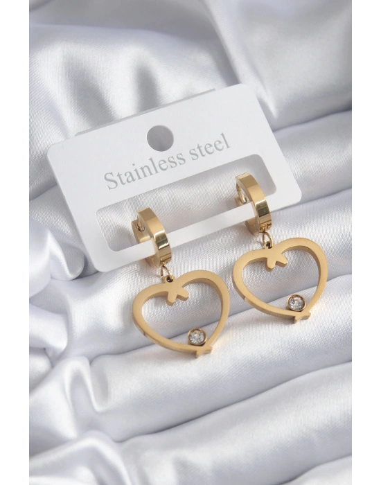 316L Çelik Gold Renk Kalp Model Zirkon Taş Detay Kadın Küpe