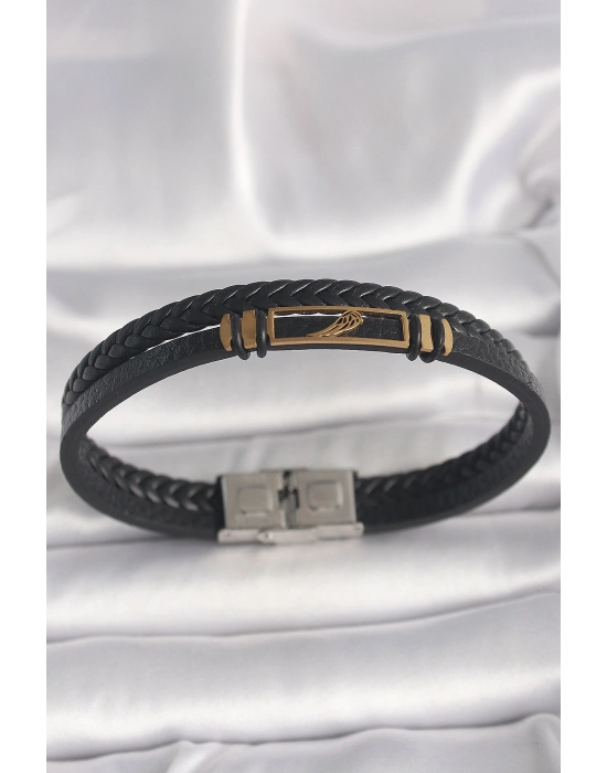 316L Çelik Gold Renk Kanat Aksesuarlı Siyah Burgu Model Deri Kordon Erkek Bileklik