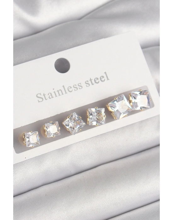 316L Çelik Gold Renk Kare Zirkon Taş Model Kadın Küpe Seti