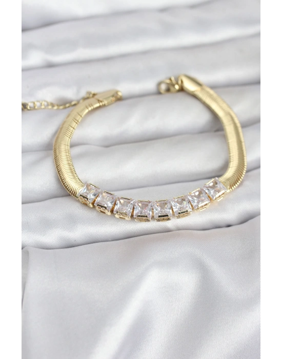 316L Çelik Gold Renk Kare Zirkon Taşlı Yılan Zincirli Kadın Bileklik