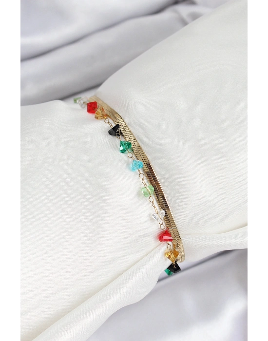 316L Çelik Gold Renk Kristal Karışık Renkli Taşlı 2li Kadın Bileklik