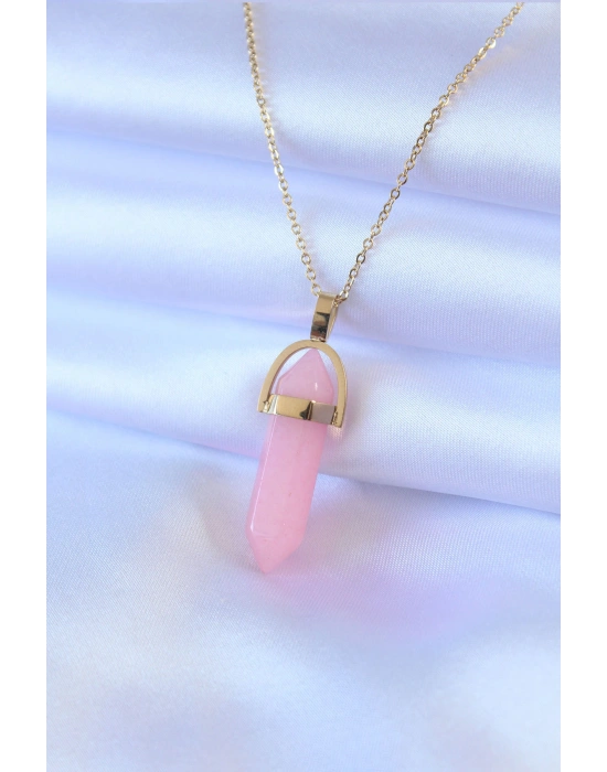 316L Çelik Gold Renk Kristal Pembe Taş Model Kadın kolye