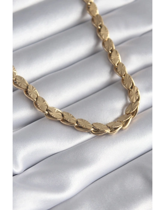 316L Çelik Gold Renk Lazer Kesim Arpa Zincir Model Kadın Kolye