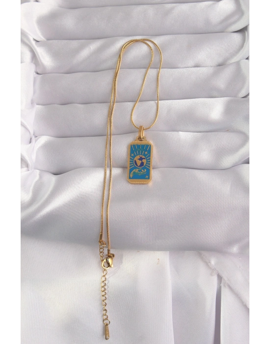 316L Çelik Gold Renk Mavi Mineli El Figür Tarot Kolye