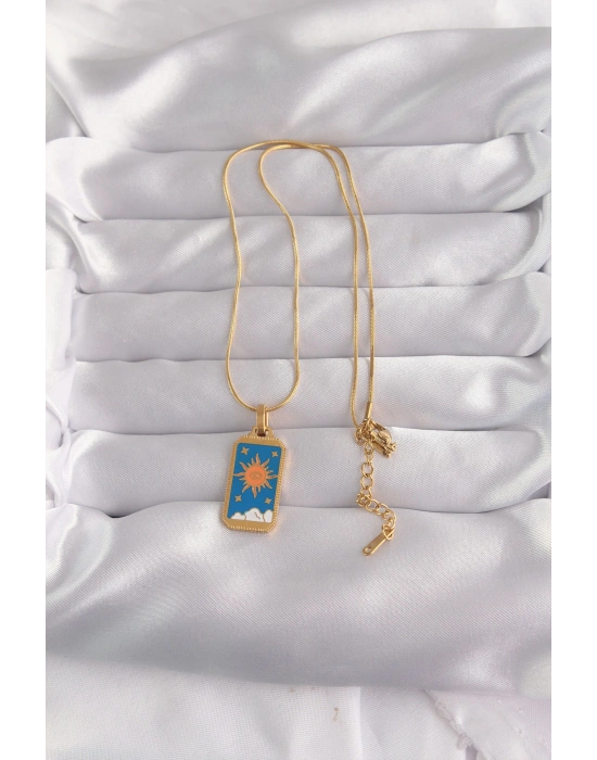 316L Çelik Gold Renk Mavi Mineli Güneş Model Tarot Kolye