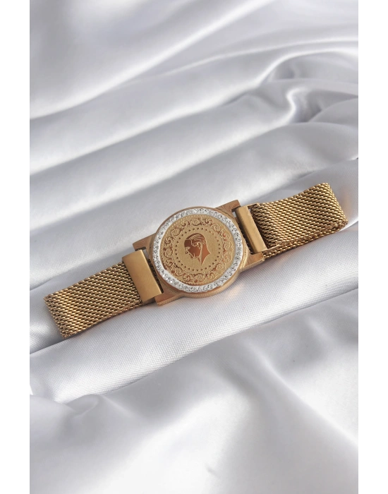 316L Çelik Gold Renk Mıknatıslı Hasır Zirkon Taşlı Çeyrek Altın Model Kadın Bileklik