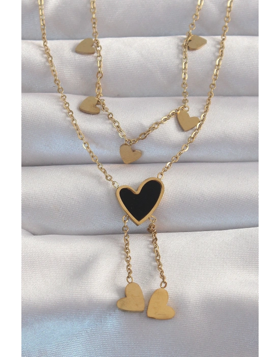 316L Çelik Gold Renk Mineli Çoklu Kalp Kolye