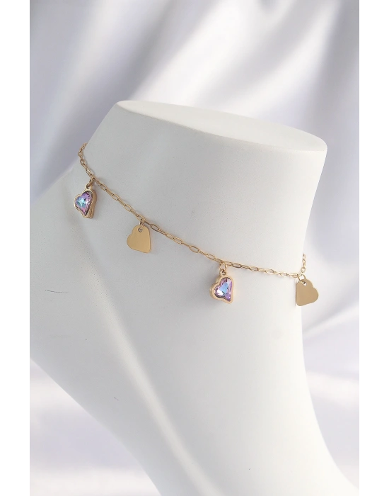 316L Çelik Gold Renk Minimal Renkli Zirkon Taşlı Kalp Halhal