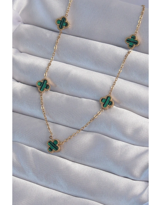 316L Çelik Gold Renk Minimal Yeşil Mineli Yonca Kolye