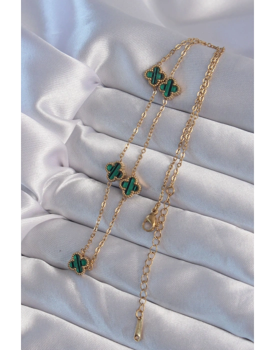 316L Çelik Gold Renk Minimal Yeşil Mineli Yonca Kolye