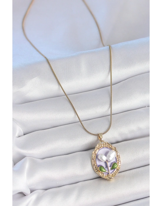 316L Çelik Gold Renk Mor İncili Çiçek İşlemeli Portre Model Kadın Kolye