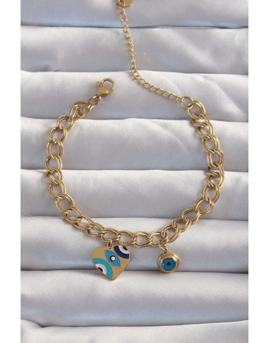 316L Çelik Gold Renk Nazarlı Kalp Model Zincir Bileklik