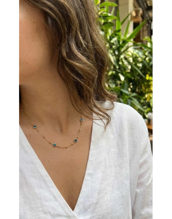 316L Çelik Gold Renk Nazarlı ve Topçuklu Model Kadın Kolye