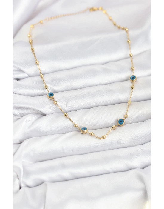 316L Çelik Gold Renk Nazarlı ve Topçuklu Model Kadın Kolye